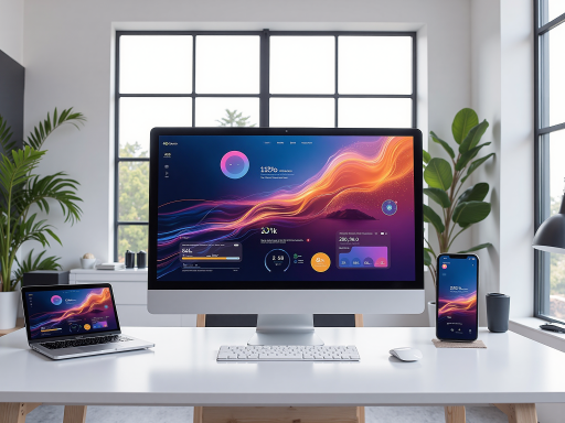 域名价值展示图，显示各种商业应用场景，包括商务办公环境，科技产品界面，以及品牌标识设计元素，营造专业商务氛围